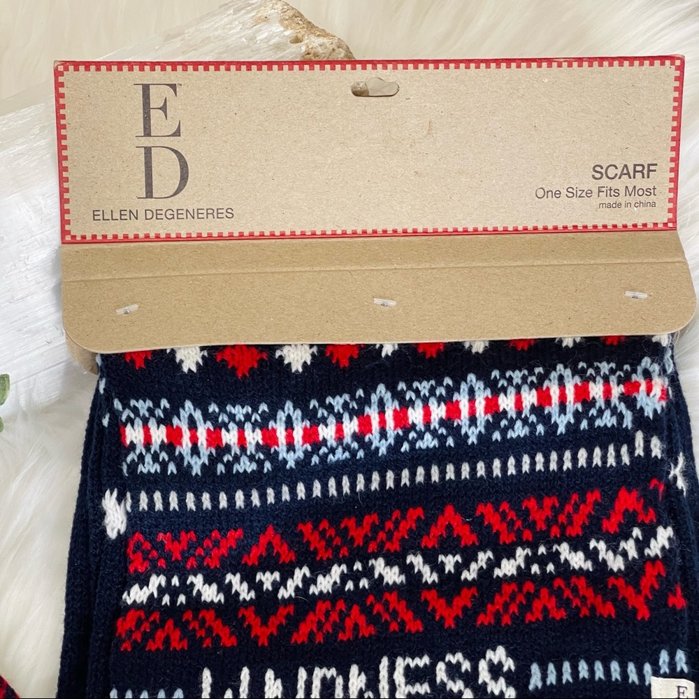♥️ELLEN DENGENERES hat and scarf fringe Pom Pom SET KINDNESS Navy Red Set - Picture 2 of 10